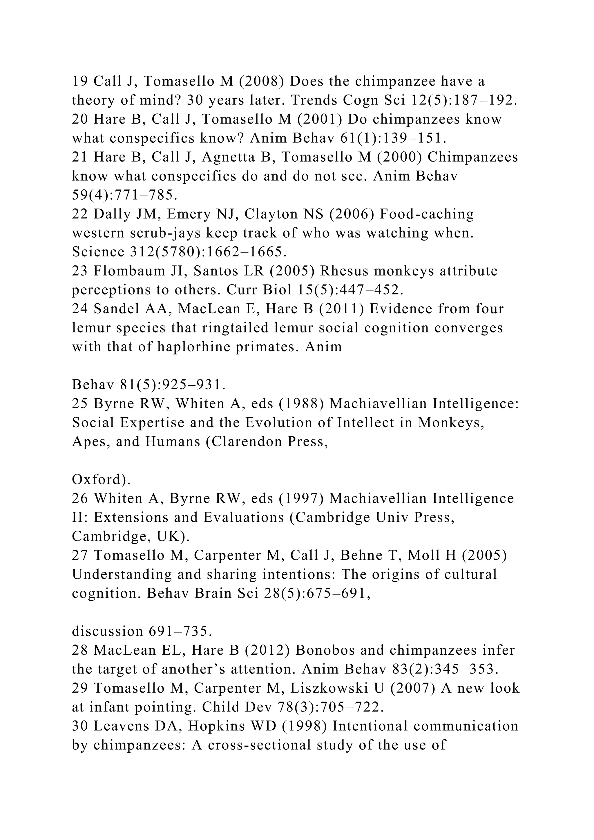 19 Call J, Tomasello M (2008) Does the chimpanzee have a
theory of mind? 30 years later. Trends Cogn Sci 12(5):187–192.
20 Hare B, Call J, Tomasello M (2001) Do chimpanzees know
what conspecifics know? Anim Behav 61(1):139–151.
21 Hare B, Call J, Agnetta B, Tomasello M (2000) Chimpanzees
know what conspecifics do and do not see. Anim Behav
59(4):771–785.
22 Dally JM, Emery NJ, Clayton NS (2006) Food-caching
western scrub-jays keep track of who was watching when.
Science 312(5780):1662–1665.
23 Flombaum JI, Santos LR (2005) Rhesus monkeys attribute
perceptions to others. Curr Biol 15(5):447–452.
24 Sandel AA, MacLean E, Hare B (2011) Evidence from four
lemur species that ringtailed lemur social cognition converges
with that of haplorhine primates. Anim
Behav 81(5):925–931.
25 Byrne RW, Whiten A, eds (1988) Machiavellian Intelligence:
Social Expertise and the Evolution of Intellect in Monkeys,
Apes, and Humans (Clarendon Press,
Oxford).
26 Whiten A, Byrne RW, eds (1997) Machiavellian Intelligence
II: Extensions and Evaluations (Cambridge Univ Press,
Cambridge, UK).
27 Tomasello M, Carpenter M, Call J, Behne T, Moll H (2005)
Understanding and sharing intentions: The origins of cultural
cognition. Behav Brain Sci 28(5):675–691,
discussion 691–735.
28 MacLean EL, Hare B (2012) Bonobos and chimpanzees infer
the target of another’s attention. Anim Behav 83(2):345–353.
29 Tomasello M, Carpenter M, Liszkowski U (2007) A new look
at infant pointing. Child Dev 78(3):705–722.
30 Leavens DA, Hopkins WD (1998) Intentional communication
by chimpanzees: A cross-sectional study of the use of
 