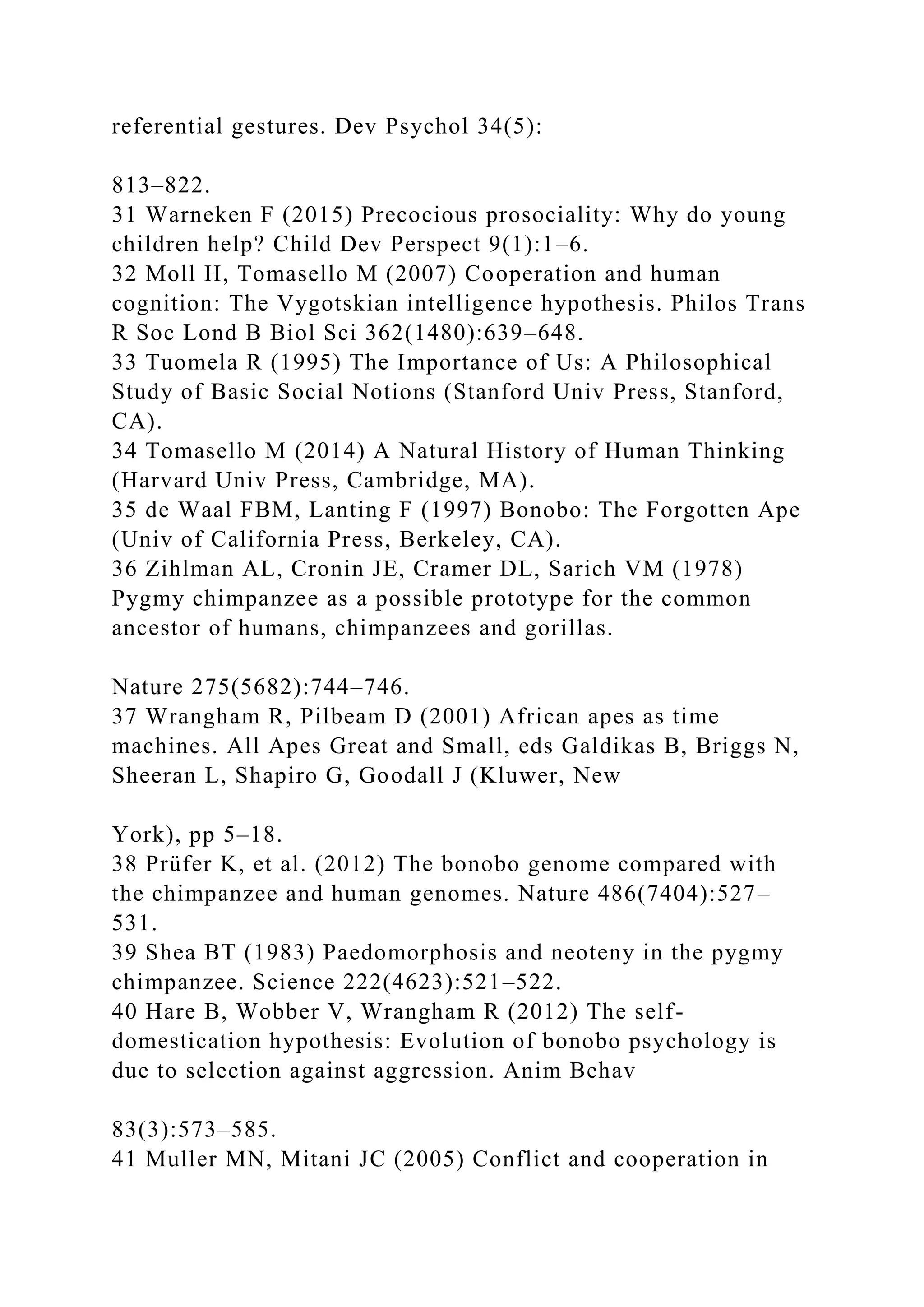 referential gestures. Dev Psychol 34(5):
813–822.
31 Warneken F (2015) Precocious prosociality: Why do young
children help? Child Dev Perspect 9(1):1–6.
32 Moll H, Tomasello M (2007) Cooperation and human
cognition: The Vygotskian intelligence hypothesis. Philos Trans
R Soc Lond B Biol Sci 362(1480):639–648.
33 Tuomela R (1995) The Importance of Us: A Philosophical
Study of Basic Social Notions (Stanford Univ Press, Stanford,
CA).
34 Tomasello M (2014) A Natural History of Human Thinking
(Harvard Univ Press, Cambridge, MA).
35 de Waal FBM, Lanting F (1997) Bonobo: The Forgotten Ape
(Univ of California Press, Berkeley, CA).
36 Zihlman AL, Cronin JE, Cramer DL, Sarich VM (1978)
Pygmy chimpanzee as a possible prototype for the common
ancestor of humans, chimpanzees and gorillas.
Nature 275(5682):744–746.
37 Wrangham R, Pilbeam D (2001) African apes as time
machines. All Apes Great and Small, eds Galdikas B, Briggs N,
Sheeran L, Shapiro G, Goodall J (Kluwer, New
York), pp 5–18.
38 Prüfer K, et al. (2012) The bonobo genome compared with
the chimpanzee and human genomes. Nature 486(7404):527–
531.
39 Shea BT (1983) Paedomorphosis and neoteny in the pygmy
chimpanzee. Science 222(4623):521–522.
40 Hare B, Wobber V, Wrangham R (2012) The self-
domestication hypothesis: Evolution of bonobo psychology is
due to selection against aggression. Anim Behav
83(3):573–585.
41 Muller MN, Mitani JC (2005) Conflict and cooperation in
 