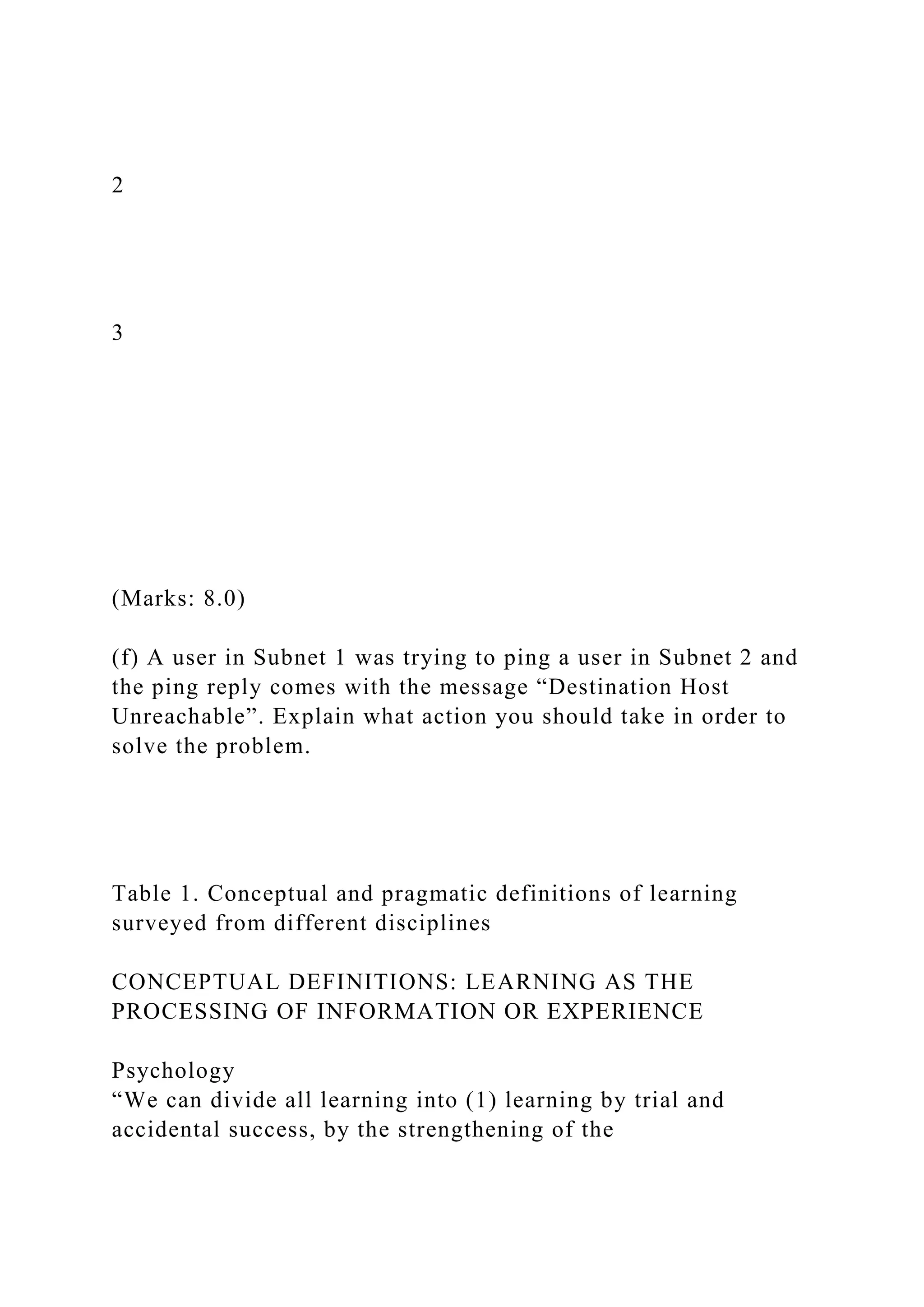 2
3
(Marks: 8.0)
(f) A user in Subnet 1 was trying to ping a user in Subnet 2 and
the ping reply comes with the message “Destination Host
Unreachable”. Explain what action you should take in order to
solve the problem.
Table 1. Conceptual and pragmatic definitions of learning
surveyed from different disciplines
CONCEPTUAL DEFINITIONS: LEARNING AS THE
PROCESSING OF INFORMATION OR EXPERIENCE
Psychology
“We can divide all learning into (1) learning by trial and
accidental success, by the strengthening of the
 