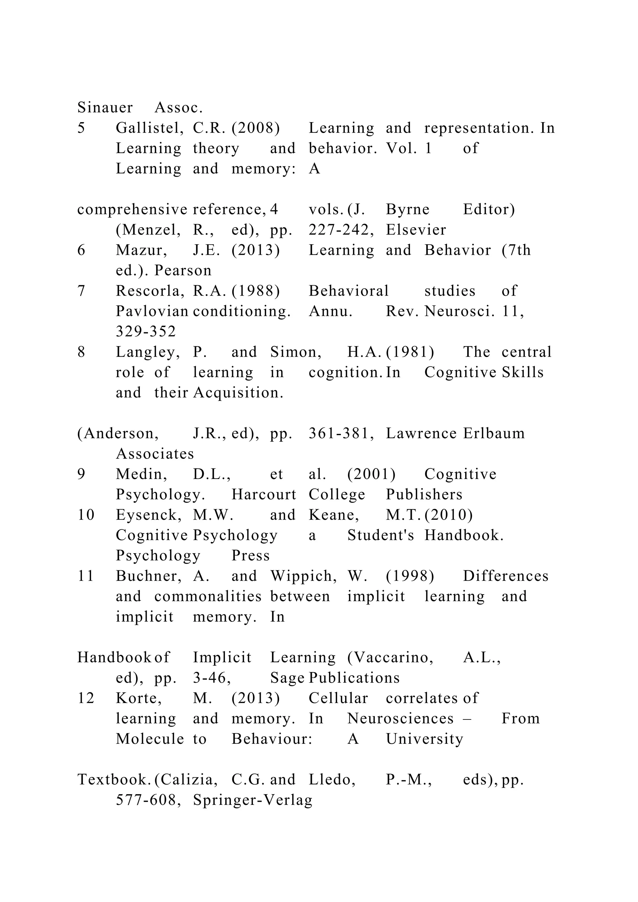 Sinauer Assoc.
5 Gallistel, C.R. (2008) Learning and representation. In
Learning theory and behavior. Vol. 1 of
Learning and memory: A
comprehensive reference, 4 vols. (J. Byrne Editor)
(Menzel, R., ed), pp. 227-242, Elsevier
6 Mazur, J.E. (2013) Learning and Behavior (7th
ed.). Pearson
7 Rescorla, R.A. (1988) Behavioral studies of
Pavlovian conditioning. Annu. Rev. Neurosci. 11,
329-352
8 Langley, P. and Simon, H.A. (1981) The central
role of learning in cognition. In Cognitive Skills
and their Acquisition.
(Anderson, J.R., ed), pp. 361-381, Lawrence Erlbaum
Associates
9 Medin, D.L., et al. (2001) Cognitive
Psychology. Harcourt College Publishers
10 Eysenck, M.W. and Keane, M.T. (2010)
Cognitive Psychology a Student's Handbook.
Psychology Press
11 Buchner, A. and Wippich, W. (1998) Differences
and commonalities between implicit learning and
implicit memory. In
Handbook of Implicit Learning (Vaccarino, A.L.,
ed), pp. 3-46, Sage Publications
12 Korte, M. (2013) Cellular correlates of
learning and memory. In Neurosciences – From
Molecule to Behaviour: A University
Textbook. (Calizia, C.G. and Lledo, P.-M., eds), pp.
577-608, Springer-Verlag
 