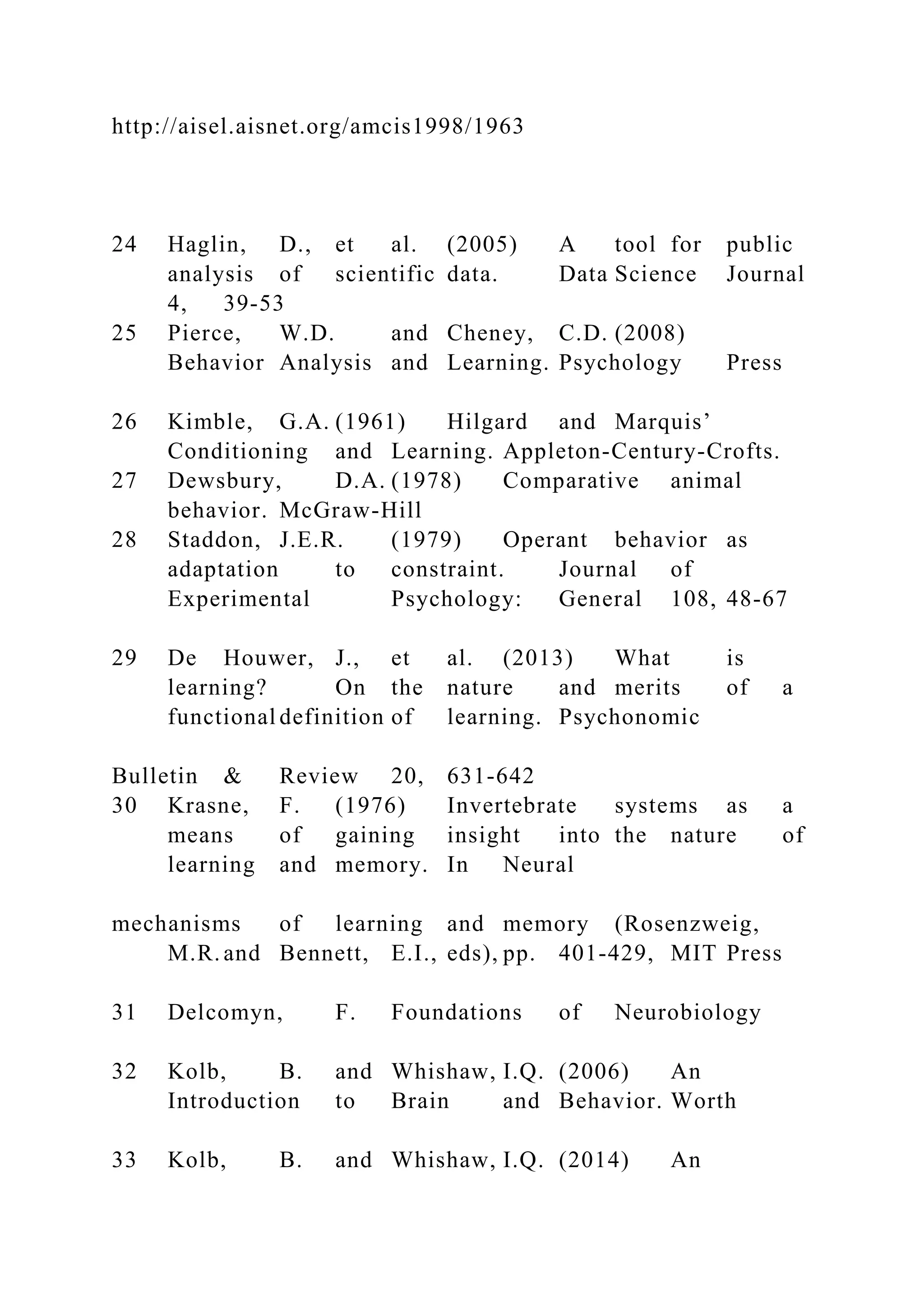 http://aisel.aisnet.org/amcis1998/1963
24 Haglin, D., et al. (2005) A tool for public
analysis of scientific data. Data Science Journal
4, 39-53
25 Pierce, W.D. and Cheney, C.D. (2008)
Behavior Analysis and Learning. Psychology Press
26 Kimble, G.A. (1961) Hilgard and Marquis’
Conditioning and Learning. Appleton-Century-Crofts.
27 Dewsbury, D.A. (1978) Comparative animal
behavior. McGraw-Hill
28 Staddon, J.E.R. (1979) Operant behavior as
adaptation to constraint. Journal of
Experimental Psychology: General 108, 48-67
29 De Houwer, J., et al. (2013) What is
learning? On the nature and merits of a
functional definition of learning. Psychonomic
Bulletin & Review 20, 631-642
30 Krasne, F. (1976) Invertebrate systems as a
means of gaining insight into the nature of
learning and memory. In Neural
mechanisms of learning and memory (Rosenzweig,
M.R. and Bennett, E.I., eds), pp. 401-429, MIT Press
31 Delcomyn, F. Foundations of Neurobiology
32 Kolb, B. and Whishaw, I.Q. (2006) An
Introduction to Brain and Behavior. Worth
33 Kolb, B. and Whishaw, I.Q. (2014) An
 