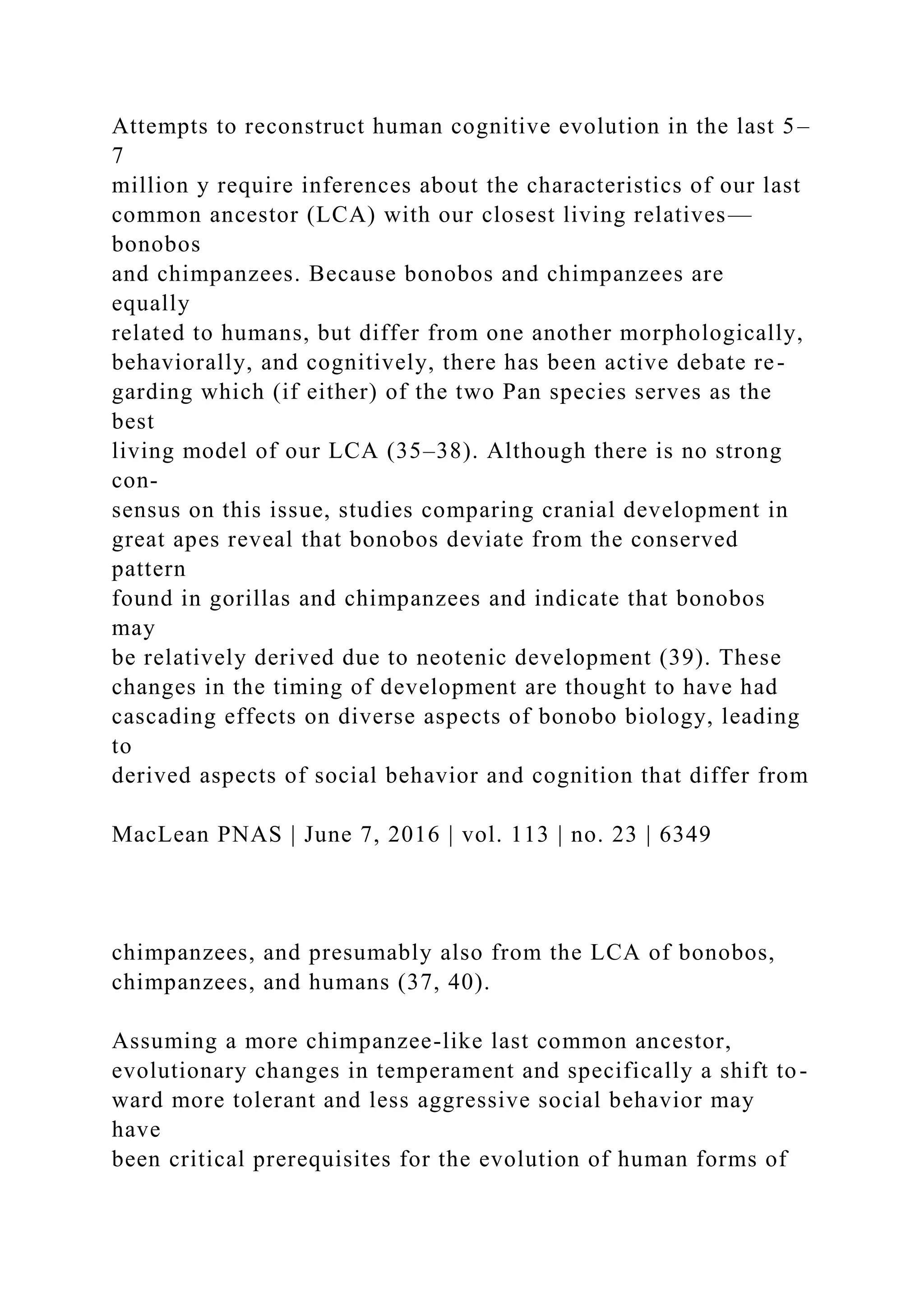 Attempts to reconstruct human cognitive evolution in the last 5–
7
million y require inferences about the characteristics of our last
common ancestor (LCA) with our closest living relatives—
bonobos
and chimpanzees. Because bonobos and chimpanzees are
equally
related to humans, but differ from one another morphologically,
behaviorally, and cognitively, there has been active debate re-
garding which (if either) of the two Pan species serves as the
best
living model of our LCA (35–38). Although there is no strong
con-
sensus on this issue, studies comparing cranial development in
great apes reveal that bonobos deviate from the conserved
pattern
found in gorillas and chimpanzees and indicate that bonobos
may
be relatively derived due to neotenic development (39). These
changes in the timing of development are thought to have had
cascading effects on diverse aspects of bonobo biology, leading
to
derived aspects of social behavior and cognition that differ from
MacLean PNAS | June 7, 2016 | vol. 113 | no. 23 | 6349
chimpanzees, and presumably also from the LCA of bonobos,
chimpanzees, and humans (37, 40).
Assuming a more chimpanzee-like last common ancestor,
evolutionary changes in temperament and specifically a shift to-
ward more tolerant and less aggressive social behavior may
have
been critical prerequisites for the evolution of human forms of
 