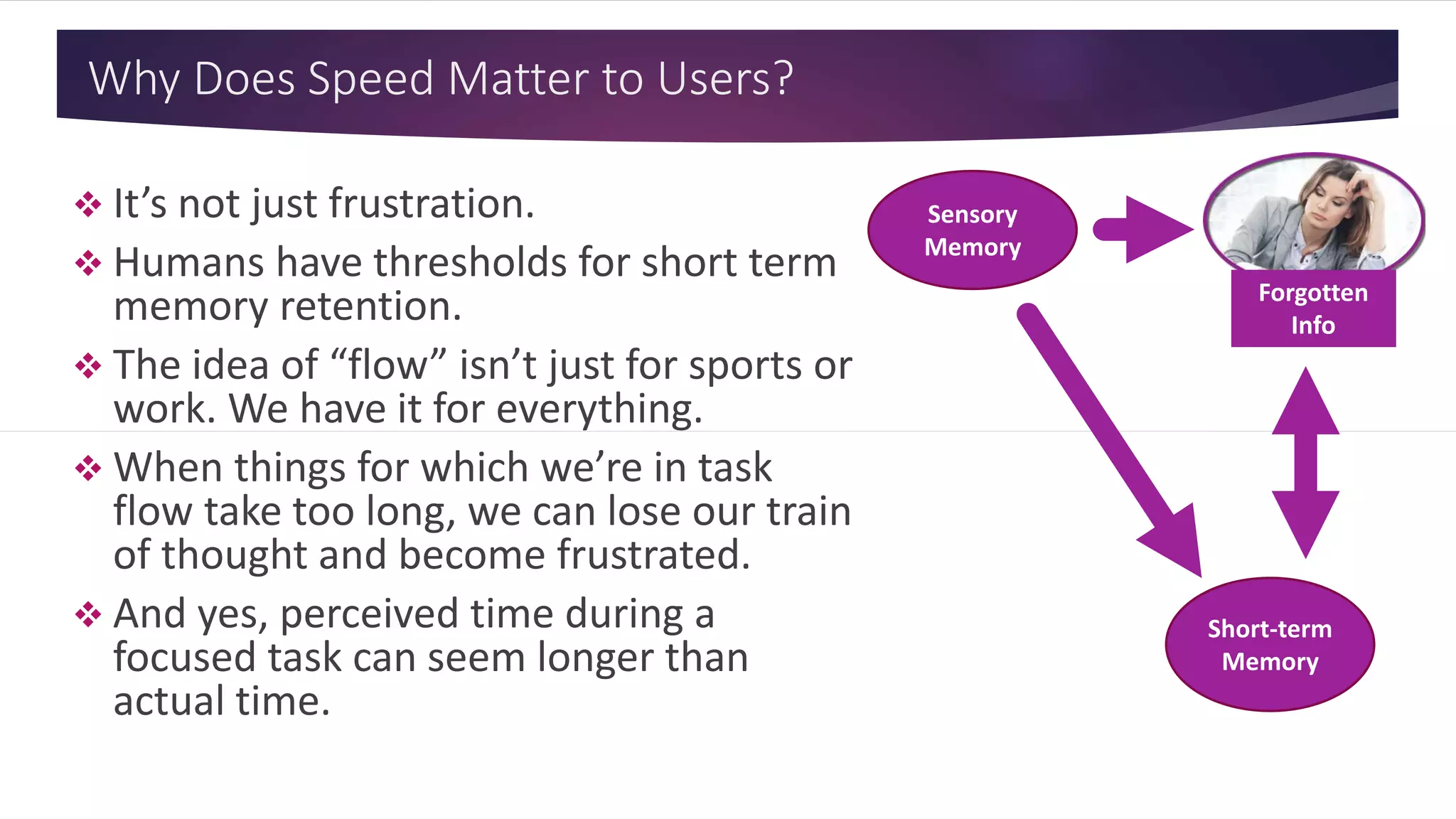 Why Does Speed Matter to Users?
 It’s not just frustration.
 Humans have thresholds for short term
memory retention.
 The idea of “flow” isn’t just for sports or
work. We have it for everything.
 When things for which we’re in task
flow take too long, we can lose our train
of thought and become frustrated.
 And yes, perceived time during a
focused task can seem longer than
actual time.
Sensory
Memory
Short-term
Memory
Forgotten
Info
 