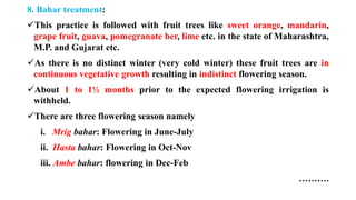 8. Bahar treatment:
✓This practice is followed with fruit trees like sweet orange, mandarin,
grape fruit, guava, pomegranate ber, lime etc. in the state of Maharashtra,
M.P. and Gujarat etc.
✓As there is no distinct winter (very cold winter) these fruit trees are in
continuous vegetative growth resulting in indistinct flowering season.
✓About 1 to 1½ months prior to the expected flowering irrigation is
withheld.
✓There are three flowering season namely
i. Mrig bahar: Flowering in June-July
ii. Hasta bahar: Flowering in Oct-Nov
iii. Ambe bahar: flowering in Dec-Feb
……….
 