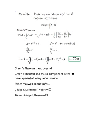 Green’s Theorem…andbeyond
Green’s Theorem is a crucial component in the
developmentof many famous works:
James Maxwell’sEquations
Gauss’ Divergence Theorem
Stokes’ Integral Theorem
 