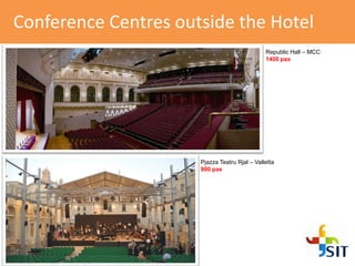 Conference Centres outside the Hotel
Republic Hall – MCC
1400 pax
Pjazza Teatru Rjal – Valletta
900 pax
 