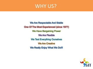 WHY US?
We Are Respectable And Stable
One Of The Most Experienced (since 1977)
We Have Bargaining Power
We Are Flexible
We Test Everything Ourselves
We Are Creative
We Really Enjoy What We Do!!!
 