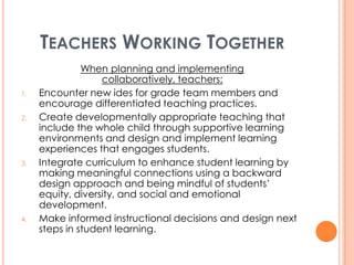 TEACHERS WORKING TOGETHER
               When planning and implementing
                   collaboratively, teachers:
1.   Encounter new ides for grade team members and
     encourage differentiated teaching practices.
2.   Create developmentally appropriate teaching that
     include the whole child through supportive learning
     environments and design and implement learning
     experiences that engages students.
3.   Integrate curriculum to enhance student learning by
     making meaningful connections using a backward
     design approach and being mindful of students’
     equity, diversity, and social and emotional
     development.
4.   Make informed instructional decisions and design next
     steps in student learning.
 