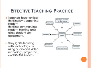 EFFECTIVE TEACHING PRACTICE
   Teachers foster critical
    thinking by deepening
    student
    thinking, summarizing
    student thinking and
    allow student self-
    assessment.

   They ignite learning
    with technology by
    using audio and video
    recordings, projectors,
    and SMART boards.
 
