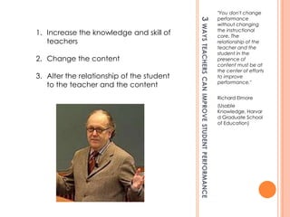 "You don't change
                                                                             performance




                                           3 WAYS TEACHERS
                                                                             without changing
                                                                             the instructional
1. Increase the knowledge and skill of                                       core. The
   teachers                                                                  relationship of the
                                                                             teacher and the
                                                                             student in the
2. Change the content                                                        presence of
                                                                             content must be at
                                                                             the center of efforts
3. Alter the relationship of the student                                     to improve




                                           CAN IMPROVE STUDENT PERFORMANCE
                                                                             performance."
   to the teacher and the content
                                                                             Richard Elmore
                                                                             (Usable
                                                                             Knowledge, Harvar
                                                                             d Graduate School
                                                                             of Education)
 