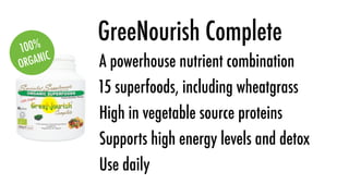 100%
           GreeNourish Complete
ORG ANIC   A powerhouse nutrient combination
           15 superfoods, including wheatgrass
           High in vegetable source proteins
           Supports high energy levels and detox
           Use daily
 