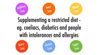 Add itive      Ye ast        Wh eat
  free           free         free

Supplementing a restricted diet -
eg. coeliacs, diabetics and people
 with intolerances and allergies
 D airy        G luten       S ugar
   free           free          free
 