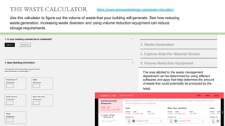 Use this calculator to figure out the volume of waste that your building will generate. See how reducing
waste generation, increasing waste diversion and using volume reduction equipment can reduce
storage requirements.
THE WASTE CALCULATOR https://www.zerowastedesign.org/waste-calculator/
The area allotted to the waste management
department can be determined by using different
softwares and apps that help determine the amount
of waste that could potentially be produced by the
hotel.
 