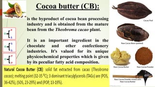 Cocoa butter (CB):
is the byproduct of cocoa bean processing
industry and is obtained from the mature
bean from the Theobroma cacao plant.
It is an important ingredient in the
chocolate and other confectionery
industries. It's valued for its unique
physicochemical properties which is given
by its peculiar fatty acid composition.
 