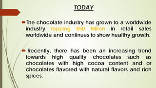 TODAY
The chocolate industry has grown to a worldwide
industry topping $50 Billion in retail sales
worldwide and continues to show healthy growth.
 Recently, there has been an increasing trend
towards high quality chocolates such as
chocolates with high cocoa content and or
chocolates flavored with natural flavors and rich
spices.
 