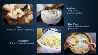 Tofu
(Bean based fermented product )
Youghurt
(Dairy based
fermented product)
Rice Wine
( Grain based fermented
products )
Sauerkraut
( F & V Fermented products )
 