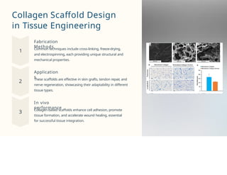 Collagen Scaffold Design
in Tissue Engineering
1
Fabrication
Methods
Common techniques include cross-linking, freeze-drying,
and electrospinning, each providing unique structural and
mechanical properties.
2
Application
s
These scaffolds are effective in skin grafts, tendon repair
, and
nerve regeneration, showcasing their adaptability in different
tissue types.
3
In vivo
performance
Collagen-based scaffolds enhance cell adhesion, promote
tissue formation, and accelerate wound healing, essential
for successful tissue integration.
 