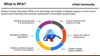 12
What is RPA?
Robotic Process Automation (RPA) is the technology that enables a software program to mimic human
actions while interacting with computer applications to accomplish required tasks.
Reads & processes data
in a structured form
Operates on different
applications
Enables a software program
to mimic human actions
Creates a digital
robotic workforce
Works 24/7 without
making errors
Easy to implement and
powerful to scale
 
