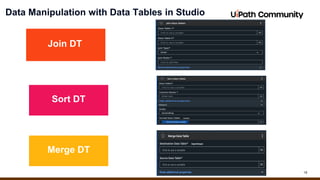 18
Data Manipulation with Data Tables in Studio
Join DT
Sort DT
Merge DT
 