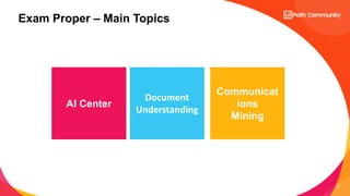 10
AI Center
Communicat
ions
Mining
Document
Understanding
Exam Proper – Main Topics
 