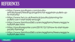 REFERENCES
• https://www.poultrypro.com/poultry-
articles/layers/feeding-programs-for-eggstrain-pullets-up-
to-maturity/
• https://www.fwi.co.uk/livestock/poultry/planning-for-
pullets-can-t-start-early-enough
• https://www.farmfood360.ca/en/eggfarms/freeruneggs/w
hatIsAPullet.html
• https://poultryreporter.com/2019/12/15/how-to-start-layer-
poultry-farming/
• https://www.farmfood360.ca/en/eggfarms/freeruneggs/w
hatIsAPullet.html
MLBibat2020 22
 