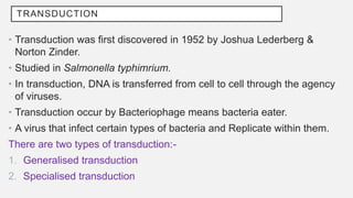 TRANSDUCTION
• Transduction was first discovered in 1952 by Joshua Lederberg &
Norton Zinder.
• Studied in Salmonella typhimrium.
• In transduction, DNA is transferred from cell to cell through the agency
of viruses.
• Transduction occur by Bacteriophage means bacteria eater.
• A virus that infect certain types of bacteria and Replicate within them.
There are two types of transduction:-
1. Generalised transduction
2. Specialised transduction
 