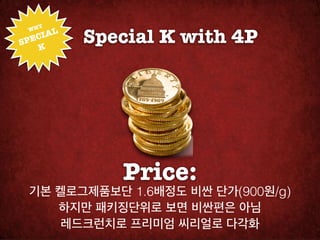 HY!
     IAL
           Special K with 4P
 W

SPEC
   K




              Price:
 기본 켈로그제품보단 1.6배정도 비싼 단가(900원/g)

    하지만 패키징단위로 보면 비싼편은 아님

     레드크런치로 프리미엄 씨리얼로 다각화
 