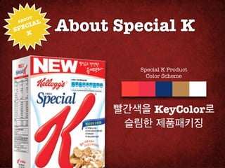 About Special K
       !
 AB OUT
     IAL
S PEC
    K




                     Special K Product!
                       Color Scheme




                 빨간색을 KeyColor로

                  슬림한 제품패키징
 