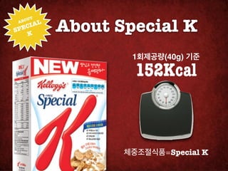 About Special K
       !
 AB OUT
     IAL
S PEC
    K


                   1회제공량(40g) 기준

                    152Kcal



                  체중조절식품=Special K
 