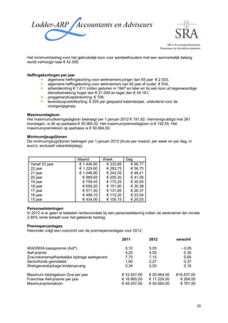 SRA-Accountantskantoren.
                                                                              Duurzame en betrokken partners.


Het minimumbedrag voor het gebruikelijk loon voor aandeelhouders met een aanmerkelijk belang
wordt verhoogd naar € 42.000.


Heffingskortingen per jaar
           algemene heffingskorting voor werknemers jonger dan 65 jaar: € 2.033;
           algemene heffingskorting voor werknemers van 65 jaar of ouder: € 934;
           arbeidskorting € 1.611 indien geboren in 1947 en later en bij een loon uit tegenwoordige
           dienstbetrekking hoger dan € 21.059 en lager dan € 45.181;
           jonggehandicaptenkorting: € 708;
           levensloopverlofkorting: € 205 per gespaard kalenderjaar, uitsluitend voor de
           overgangsgroep.

Maximumdagloon
Het maximumuitkeringsdagloon bedraagt per 1 januari 2012 € 191,82. Vermenigvuldigd met 261
loondagen, is dit op jaarbasis € 50.065,02. Het maximumpremiedagloon is € 192,55. Het
maximumpremieloon op jaarbasis is € 50.064,00.

Minimum(jeugd)lonen
De minimum(jeugd)lonen bedragen per 1 januari 2012 (bruto per maand, per week en per dag, in
euro’s, exclusief vakantiebijslag):


                             Maand          Week          Dag
  Vanaf 23 jaar               € 1.446,60     € 333,85       € 66,77
  22 jaar                     € 1.229,60     € 283,75       € 56,75
  21 jaar                     € 1.048,80     € 242,05       € 48,41
  20 jaar                       € 889,65     € 205,30       € 41,06
  19 jaar                       € 759,45     € 175,25       € 35,05
  18 jaar                       € 658,20     € 151,90       € 30,38
  17 jaar                       € 571,40     € 131,85       € 26,37
  16 jaar                       € 499,10     € 115,20       € 23,04
  15 jaar                       € 434,00     € 100,15       € 20,03

Personeelsleningen
In 2012 is er geen te belasten rentevoordeel bij een personeelslening indien de werknemer ten minste
2,85% rente betaalt over het geleende bedrag.

Premiepercentages
Hieronder volgt een overzicht van de premiepercentages voor 2012:

                                                        2011           2012               verschil

WAO/WIA basispremie (Aof*)                               5,10          5,05                   - 0,05
Awf-premie                                               4,20          4,55                     0,35
Zvw-inkomensafhankelijke bijdrage werkgevers             7,75          7,10                     0,65
Sectorfonds gemiddeld                                    1,90          2,27                     0,37
Werkgeversbijdrage kinderopvang                          0,34          0,50                     0,16

Maximum bijdrageloon Zvw per jaar                       € 33.427,00    € 50.064,00        €16.637,00
Franchise Awf-premie per jaar                           € 16.965,00    € 17.229,00          € 264,00
Maximumpremieloon                                       € 49.297,00    € 50.064,00          € 767,00




                                                                                                          20
 