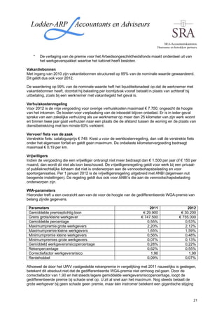 SRA-Accountantskantoren.
                                                                                 Duurzame en betrokken partners.


    *   De verlaging van de premie voor het Arbeidsongeschiktheidsfonds maakt onderdeel uit van
        het werkgeverspakket waartoe het kabinet heeft besloten.

Vakantiebonnen
Met ingang van 2010 zijn vakantiebonnen structureel op 99% van de nominale waarde gewaardeerd.
Dit geldt dus ook voor 2012.

De waardering op 99% van de nominale waarde heft het liquiditeitsnadeel op dat de werknemer met
vakantiebonnen heeft, doordat hij belasting per loontijdvak vooraf betaalt in plaats van achteraf bij
uitbetaling, zoals bij een werknemer met vakantiegeld het geval is.

Verhuiskostenregeling
Voor 2012 is de vrije vergoeding voor overige verhuiskosten maximaal € 7.750, ongeacht de hoogte
van het inkomen. De kosten voor verplaatsing van de inboedel blijven onbelast. Er is in ieder geval
sprake van een zakelijke verhuizing als uw werknemer op meer dan 25 kilometer van zijn werk woont
en binnen twee jaar gaat verhuizen naar een plaats die de afstand tussen de woning en de plaats van
dienstbetrekking met ten minste 60% verkleint.

Vervoer/ fiets van de zaak
Verstrekte fiets: catalogusprijs € 749. Kiest u voor de werkkostenregeling, dan valt de verstrekte fiets
onder het algemeen forfait en geldt geen maximum. De onbelaste kilometervergoeding bedraagt
maximaal € 0,19 per km.

Vrijwilligers
Indien de vergoeding die een vrijwilliger ontvangt niet meer bedraagt dan € 1.500 per jaar of € 150 per
maand, dan wordt dit niet als loon beschouwd. De vrijwilligersregeling geldt voor werk bij een privaat-
of publiekrechtelijke lichaam dat niet is onderworpen aan de vennootschapsbelasting en voor
sportorganisaties. Per 1 januari 2012 is de vrijwilligersregeling uitgebreid met ANBI (algemeen nut
beogende instellingen). De regeling geldt dus ook voor ANBI’s die aan de vennootschapsbelasting
onderworpen zijn.

WIA-parameters
Hieronder treft u een overzicht aan van de voor de hoogte van de gedifferentieerde WGA-premie van
belang zijnde gegevens.

 Parameters                                                                 2011                      2012
 Gemiddelde premieplichtig loon                                         € 29.900                  € 30.200
 Grens grote/kleine werkgever                                          € 747.500                 € 755.000
 Gemiddelde percentage                                                    0,55%                     0,53%
 Maximumpremie grote werkgevers                                           2,20%                     2,12%
 Maximumpremie kleine werkgevers                                          1,65%                     1,59%
 Minimumpremie kleine werkgevers                                          0,56%                     0,48%
 Minimumpremies grote werkgevers                                          0,07%                     0,13%
 Gemiddeld werkgeversrisicopercentage                                     0,28%                     0,22%
 Rekenpercentage                                                          0,62%                     0,55%
 Correctiefactor werkgeversrisico                                           1,96                      1,90
 Rentehobbel                                                              0,09%                     0,07%

Alhoewel de door het UWV vastgestelde rekenpremie in vergelijking met 2011 nauwelijks is gestegen,
betekent dit absoluut niet dat de gedifferentieerde WGA-premie niet omhoog zal gaan. Door de
correctiefactor van 1,90 en het steeds lagere gemiddelde werkgeversrisicopercentage, loopt de
gedifferentieerde premie bij schade snel op. U zit al snel aan het maximum. Nog steeds betaalt de
grote werkgever bij geen schade geen premie, maar één instromer betekent een gigantische stijging



                                                                                                             21
 