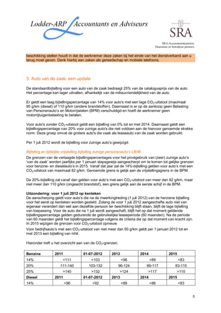 SRA-Accountantskantoren.
                                                                                     Duurzame en betrokken partners.


beschikking stellen houdt in dat de werknemer deze zaken bij het einde van het dienstverband aan u
terug moet geven. Denk hierbij aan zaken als gereedschap en mobiele telefoons.




3. Auto van de zaak: een update

De standaardbijtelling voor een auto van de zaak bedraagt 25% van de catalogusprijs van de auto.
Het percentage kan lager uitvallen, afhankelijk van de milieuvriendelijkheid van de auto.

Er geldt een laag bijtellingspercentage van 14% voor auto's met een lage CO2-uitstoot (maximaal
95 g/km (diesel) of 110 g/km (andere brandstoffen). Daarnaast is er op de aankoop geen Belasting
van Personenauto’s en Motorrijwielen (BPM) verschuldigd en hoeft de werknemer geen
motorrijtuigenbelasting te betalen.

Voor auto's zonder CO2-uitstoot geldt een bijtelling van 0% tot en met 2014. Daarnaast geldt een
bijtellingspercentage van 20% voor zuinige auto's die niet voldoen aan de hiervoor genoemde strakke
norm. Deze groep omvat de grotere auto's die vaak als leaseauto van de zaak worden gebruikt.

Per 1 juli 2012 wordt de bijtelling voor zuinige auto’s gewijzigd.

Bijtelling en tijdelijke vrijstelling bijtelling zuinige personenauto’s LB/IB
De grenzen van de verlaagde bijtellingspercentages voor het privégebruik van (zeer) zuinige auto’s
‘van de zaak’ worden jaarlijks per 1 januari stapsgewijs aangescherpt om te komen tot gelijke grenzen
voor benzine- en dieselauto’s in 2015. Vanaf dat jaar zal de 14%-bijtelling gelden voor auto’s met een
CO2-uitstoot van maximaal 82 g/km. Genoemde grens is gelijk aan de vrijstellingsgrens in de BPM.

De 20%-bijtelling zal vanaf dan gelden voor auto’s met een CO 2-uitstoot van meer dan 82 g/km, maar
niet meer dan 110 g/km (ongeacht brandstof), een grens gelijk aan de eerste schijf in de BPM.

Uitzondering: voor 1 juli 2012 op kenteken
De aanscherping geldt voor auto’s die na de inwerkingtreding (1 juli 2012) van de herziene bijtelling
voor het eerst op kenteken worden gesteld. Zolang de voor 1 juli 2012 aangeschafte auto niet van
eigenaar verandert dan wel aan dezelfde persoon ter beschikking blijft staan, blijft de lage bijtelling
van toepassing. Voor de auto die na 1 juli wordt aangeschaft, blijft het op dat moment geldende
bijtellingspercentage gelden gedurende de gebruikelijke leaseperiode (60 maanden). Na de periode
van 60 maanden geldt het bijtellingspercentage volgens de criteria die op dat moment van kracht zijn.
In 2015 wijzigen de grenzen voor CO2-uitstoot opnieuw.
Voor bedrijfsauto’s met een CO2-uitstoot van niet meer dan 50 g/km geldt per 1 januari 2012 tot en
met 2013 een bijtelling van nihil.

Hieronder treft u het overzicht aan van de CO2-grenzen.

Benzine            2011               01-07-2012         2013               2014               2015
14%                     <111               <103                 <96                <89                <83
20%                   111-140             103-132            96-124             89-117              83-110
25%                     >140               >132               >124              >117                 >110
Diesel             2011               01-07-2012         2013               2014               2015
14%                       <96               <92                 <89                <86                <83


                                                                                                                  5
 
