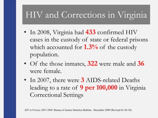 HIV and Corrections in Virginia
• In 2008, Virginia had 433 confirmed HIV
  cases in the custody of state or federal prisons
  which accounted for 1.3% of the custody
  population.
• Of the those inmates, 322 were male and 36
  were female.
• In 2007, there were 3 AIDS-related Deaths
  leading to a rate of 9 per 100,000 in Virginia
  Correctional Settings

HIV in Prisons 2007-2008, Bureau of Justice Statistics Bulletin. December 2009 (Revised 01-28-10).
 