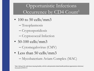 Opportunistic Infections
              Occurrence by CD4 Count1
• 100 to 50 cells/mm3
       – Toxoplasmosis
       – Cryptosporidiosis
       – Cryptococcal Infection
• 50-100 cells/mm3
       – Cytomegalovirus (CMV)
• Less than 50 cells/mm3
       – Mycobaterium Aviam Complex (MAC)
1http://aids.gov/hiv-aids-basics/staying-healthy-with-hiv-aids/potential-related-health-problems/opportunistic-infections/

Accessed on 09/03/12
 