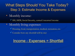 What Steps Should You Take Today?
Step 3: Estimate Income & Expenses
Monthly income:
 SSI, SSDI, Social Security, earned/unearned income

Monthly living expenses:
 Housing, food, transportation, medical, recreation, etc.
 Consider how any shortfall will be met

Income - Expenses = Shortfall

 