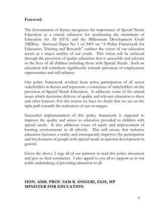 Special needs education policy framework 2009 - Kenya | PDF