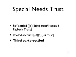 Special Needs Trust Self-settled [(d)(4)(A) trust/Medicaid Payback Trust] Pooled account [(d)(4)(C) trust] Third party-settled 