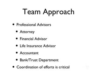 Team Approach Professional Advisors Attorney Financial Advisor Life Insurance Advisor Accountant Bank/Trust Department Coordination of efforts is critical 