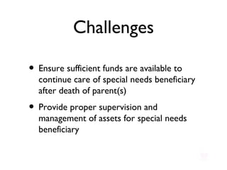 Challenges Ensure sufficient funds are available to continue care of special needs beneficiary after death of parent(s) Provide proper supervision and management of assets for special needs beneficiary 