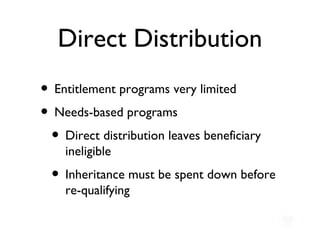 Direct Distribution Entitlement programs very limited Needs-based programs  Direct distribution leaves beneficiary ineligible Inheritance must be spent down before re-qualifying 