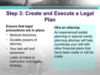Step 3: Create and Execute a Legal
Plan
Ensure that legal
precautions are in place:
 Medical directives
 Durable powers of
attorney
 Your last will and
testament
 Letter of intent or
instruction (not legally
binding)
Hire an attorney
An experienced estate
planning or special needs
planning attorney will help
coordinate your will with
other financial plans that
have been made or will be
made
 