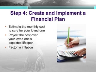Step 4: Create and Implement a
Financial Plan
 Estimate the monthly cost
to care for your loved one
 Project the cost over
your loved one’s
expected lifespan
 Factor in inflation
 