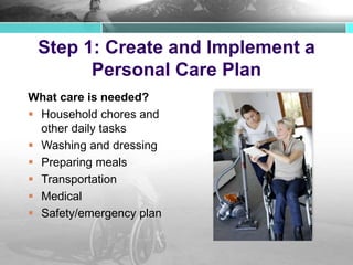 Step 1: Create and Implement a
Personal Care Plan
What care is needed?
 Household chores and
other daily tasks
 Washing and dressing
 Preparing meals
 Transportation
 Medical
 Safety/emergency plan
 