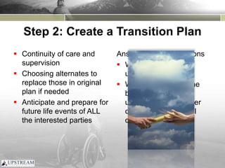 Step 2: Create a Transition Plan
 Continuity of care and
supervision
 Choosing alternates to
replace those in original
plan if needed
 Anticipate and prepare for
future life events of ALL
the interested parties
Answer “what if” questions
 What if you die
unexpectedly?
 What if your loved one
becomes
unable to make his/her
own medical/financial
decisions?
 