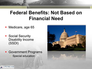 Federal Benefits: Not Based on
Financial Need
 Medicare, age 65
 Social Security
Disability Income
(SSDI)
 Government Programs
 Special education
 