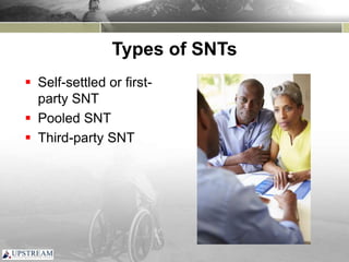 Types of SNTs
 Self-settled or first-
party SNT
 Pooled SNT
 Third-party SNT
 