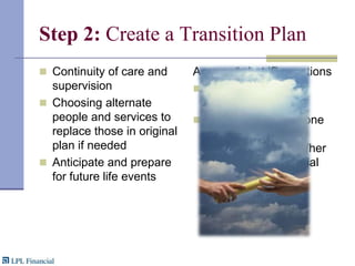 Step 2: Create a Transition Plan Continuity of care and supervisionChoosing alternate people and services to replace those in original plan if neededAnticipate and prepare for future life eventsAnswer “what if” questionsWhat if you die unexpectedly?What if your loved one becomes unable to make his/her own medical/financial decisions?