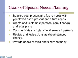 Goals of Special Needs PlanningBalance your present and future needs with your loved one’s present and future needsCreate and implement personal care, financial, and legal plansCommunicate such plans to all relevant personsReview and revise plans as circumstances change Provide peace of mind and family harmony