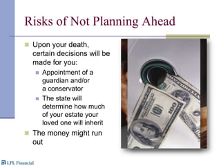 Risks of Not Planning AheadUpon your death, certain decisions will be made for you:Appointment of a  guardian and/or a conservatorThe state will determine how much of your estate your loved one will inherit The money might run out