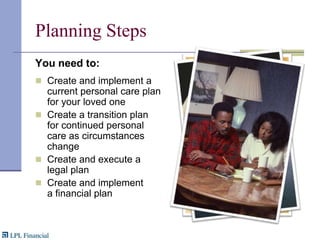 Planning StepsYou need to:Create and implement a current personal care plan for your loved oneCreate a transition plan for continued personal care as circumstances changeCreate and execute a legal planCreate and implement a financial plan